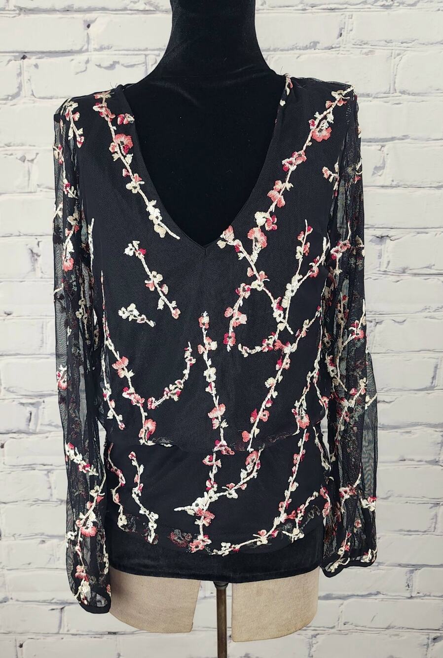 WHBM Top Womens M Embroidered Mesh Floral Sheer Whimsy Goth Romantic Fairycore